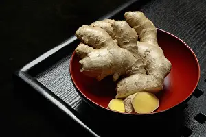 Ginger Root Health Benefits Prints: Ginger, ginger root in tea bowl