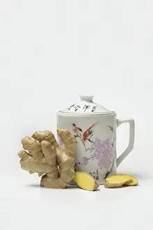 Ginger Root Tea Prints: Ginger root with cup, ginger tea