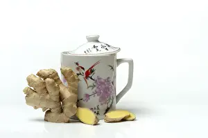 Root Vegetable Pictures Prints: Ginger root with cup, ginger tea