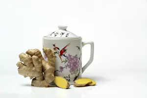 Ginger Slices Prints: Ginger root with cup, ginger tea