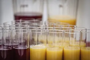 Uninhabited Dining Table Setup Prints: Glasses with soft drinks on a table at wedding reception