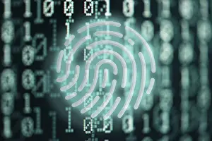 Cyber Crime Protection Prints: glowing fingerprint symbol against binary code digital background