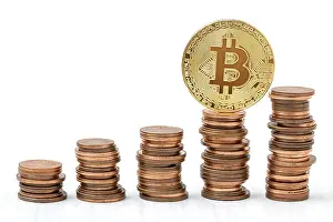 Blockchain Technology Image Prints: Golden bitcoin on top of coins stack
