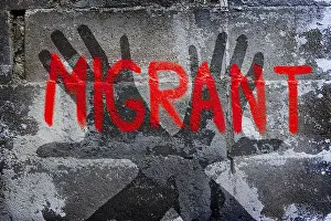Prints of Graffiti on migration, defensive attitude, hands raised up in defense Digital Art Prints: Migrant Defiance Print