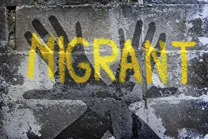 Prints of Graffiti on migration, defensive attitude, hands raised up in defense Digital Art Prints: Graffiti on Migration, Defensive Attitude Print