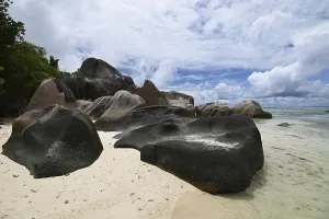 Anse Source DArgent Beach Prints: Granite rocks on the beach of Anse Source dArgent