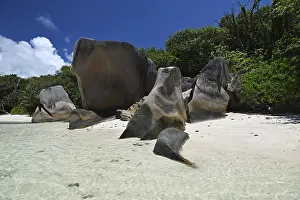 Empty Beachfront View Prints: Granite rocks on the beach of Anse Source dArgent