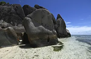 Uninhabited Beachfront Scene Prints: Granite rocks on the beach of Anse Source dArgent