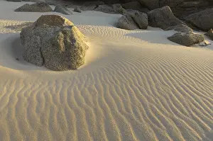 Deserted Sandy Beach Europe Prints: Granite rocks in the sand with wave structure