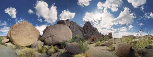 Mojave Desert Rock Formations Prints: Granite rocks of Split Rocks with cumulus clouds