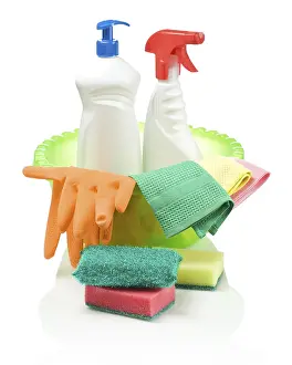 Household Cleaning Supplies Prints: Green basin with cleaning objects