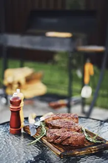 Beef Meat Nutrition Prints: Grilled beef steak on backyard