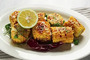 Healthy Eating Vegetables Prints: Grilled corn with spices, top view