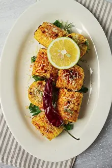 Sweet Corn Nutrition Facts Prints: Grilled corn with spices, top view