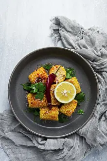Grilled Corn Prints: Grilled corn with spices, top view