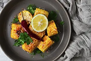 Grilled Corn Prints: Grilled corn with spices, top view