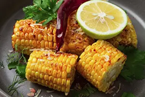 Grilled Corn Prints: Grilled corn with spices, top view