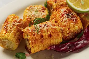 Grilled Corn Prints: Grilled corn with spices, top view