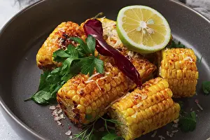 Grilled Corn Prints: Grilled corn with spices, top view
