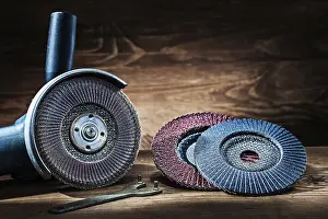 Industrial Equipment Prints: Grinding tools Angle grinder with used and new defect discs