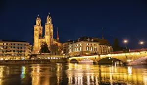 Sacred Building Switzerland Prints: Grossmunster reflected in the Limmat