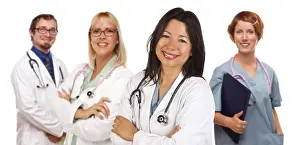 White Background Doctors Prints: Group of doctors or nurses isolated on a white background