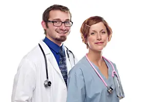 Female Doctor Portrait Prints: Group of doctors or nurses before a white background