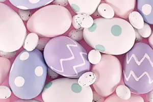 Colorful Design Prints: Group of pastel colored easter eggs on pink background