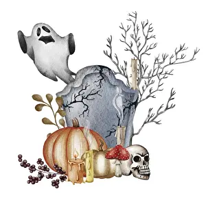 Halloween Pumpkin Art Prints: Halloween pumpkin composition. Bat