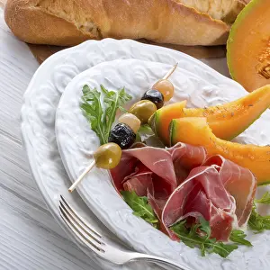 Emilia Romagna Cuisine Prints: Ham with melon and olives