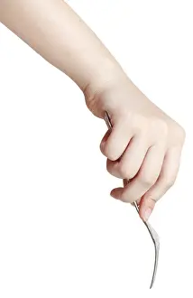 Plain White Background Prints: Hand with fork against white background