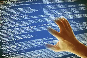 Cyber Crime Illustration Prints: Hand grabbing a computer code, hacking and computer crime concept
