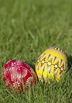 Easter Eggs Prints: Two hand-painted Easter eggs lying in the grass (A4) (A3) (A2)