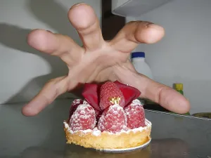 Fruit Pie Photography Prints: Hand take a raspberry cake in the fridge