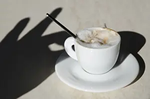 No People In Frame Prints: Hand with Shadow Take a Cup of Coffee on Table
