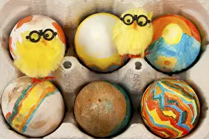 Young Bird Photography Prints: Handmade Painted Easter Eggs in eggshelf with yellow chick