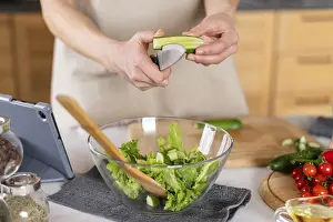 Kitchen Preparation Prints: Hands cutting cucumber kitchen