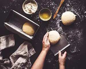 Rustic Food Photography Style Prints: Hands gently shape dough on a floured surface
