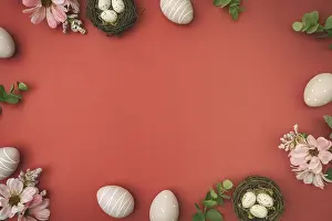 Spring Blooming Plants Prints: Happy Easter background with easter eggs in nest and spring flowers