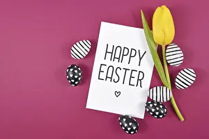 Colorful Easter Egg Picture Prints: Happy Easter text card surrounded by black and white easter eggs