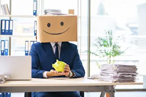 Single Person Happy Moment Prints: Happy man with box instead of his head