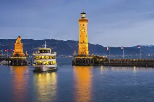Deserted Harbour Scene Prints: Harbour with lighthouse and Bavarian Lion