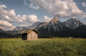 Austria Evening Sky Prints: Haystack, hut in a meadow, Sonnenspitze at the back