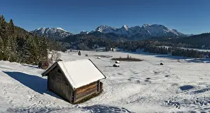 Upper Bavaria Winter Scene Prints: Haystack in snow-covered landscape