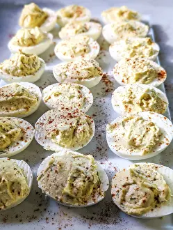 Empty Table Setting Photos Prints: Healthy Deviled Eggs as an Appetizer