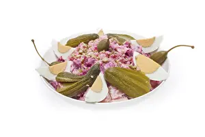 Seafood Dish Prints: Herring salad with red beetroot