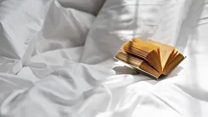Deserted Bedroom Prints: High angle book bedsheet