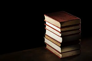 Office Work Desk Setup Prints: High angle books stack with copy space
