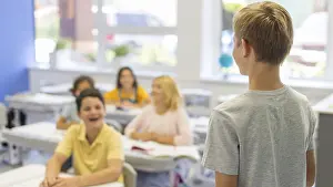 Education Concept Image Prints: High angle boy presenting class