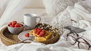 Healthy Nordic Meal Ideas Prints: High angle delicious raspberry waffle plate